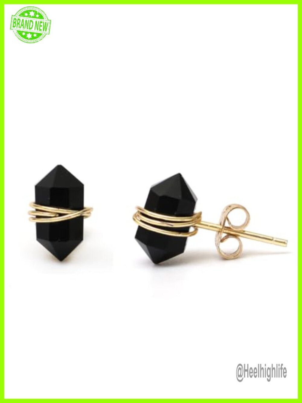 Natural Black Tourmaline Crystal Stud Earrings 14K Gold Plated for Women